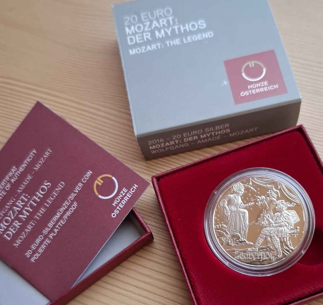  20 SILBER EURO 2016, MOZART Mythos, in Original-Set der Österreich Münze, Zertifikat   