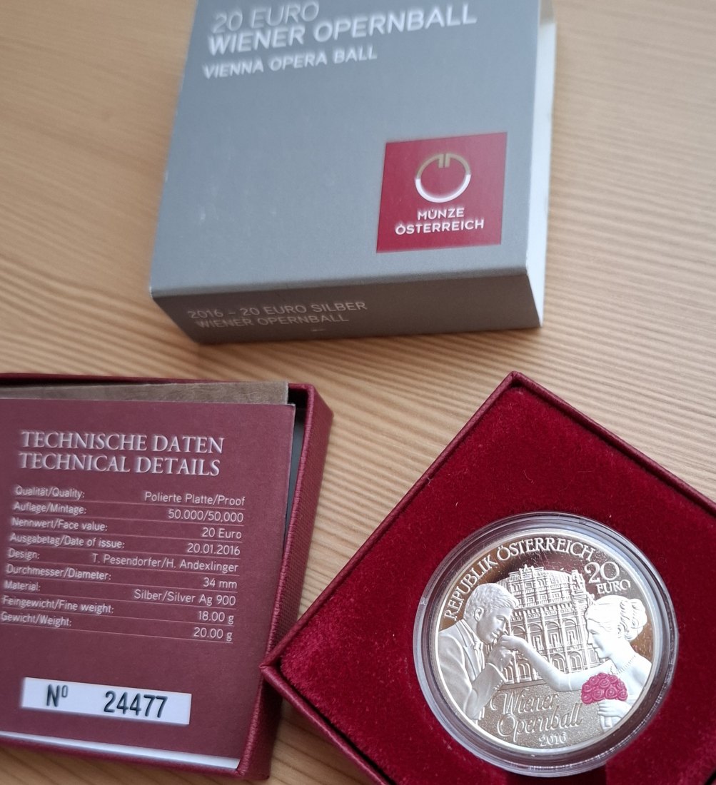  20 SILBER EURO 2016, OPERNBALL, in Original-Set der Österreich Münze, Zertifikat   