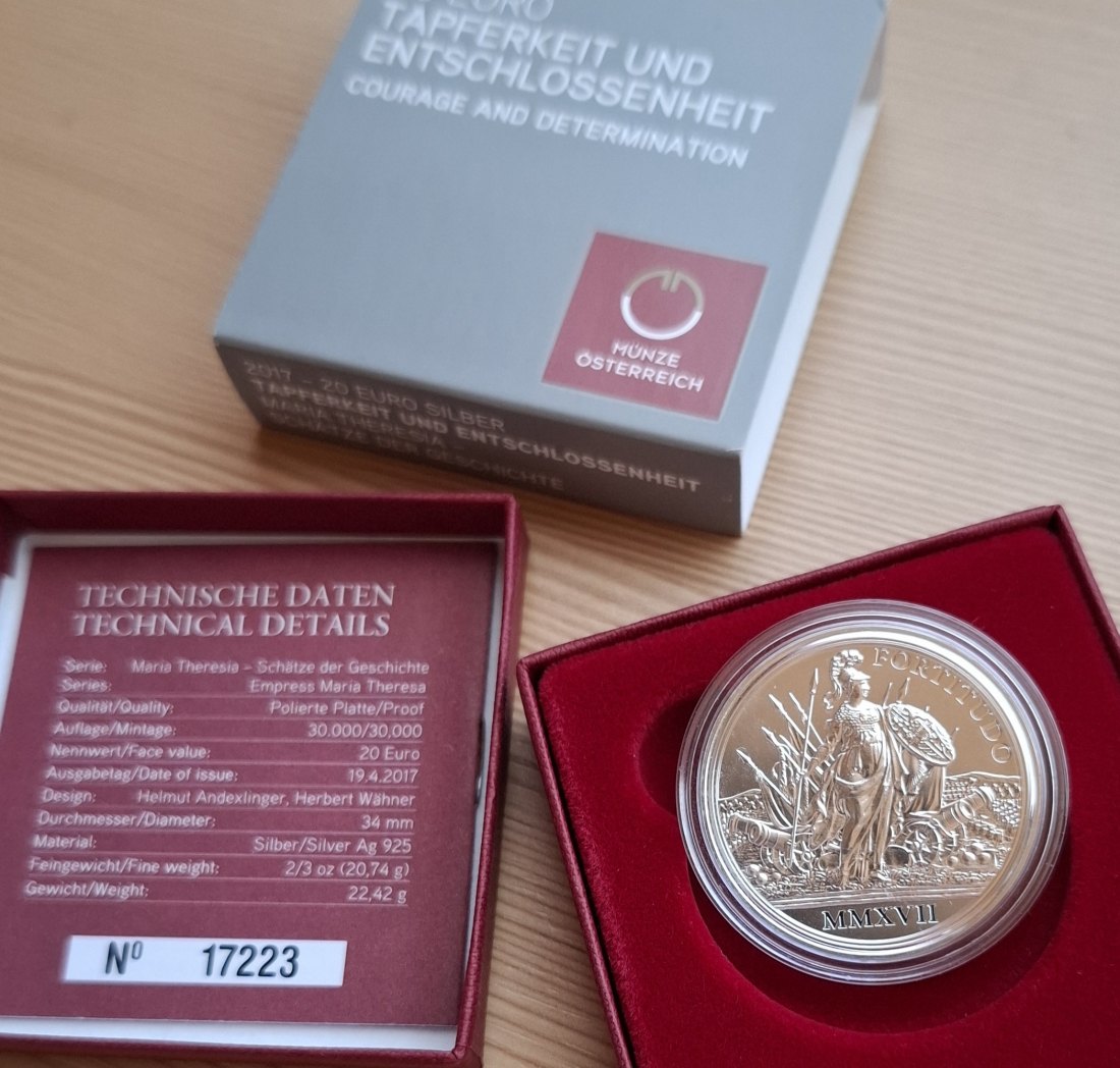  20 SILBER EURO 2017 TAPFERKEIT Maria Theresia Original-Set der Österreich Münze, Zertifikat   