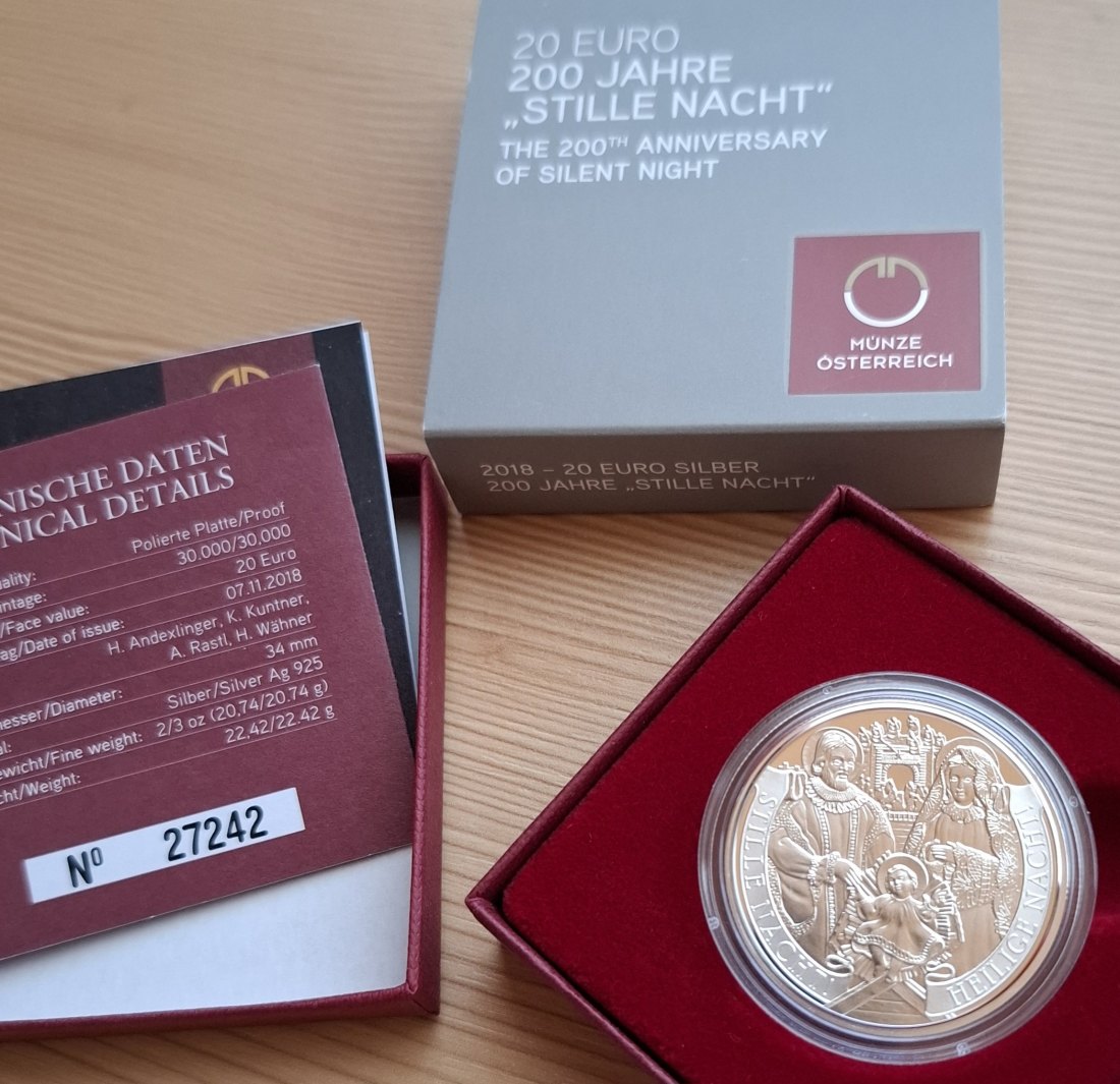  20 SILBER EURO 2018 STILLE NACHT Original-Set der Österreich Münze, Zertifikat   