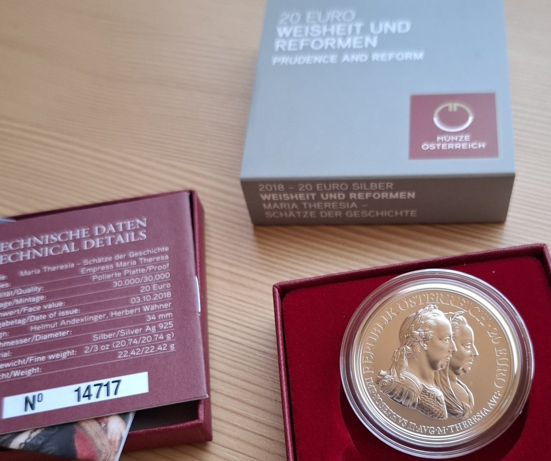  20 SILBER EURO 2018 WEISHEIT Maria Theresia Original-Set der Österreich Münze, Zertifikat   