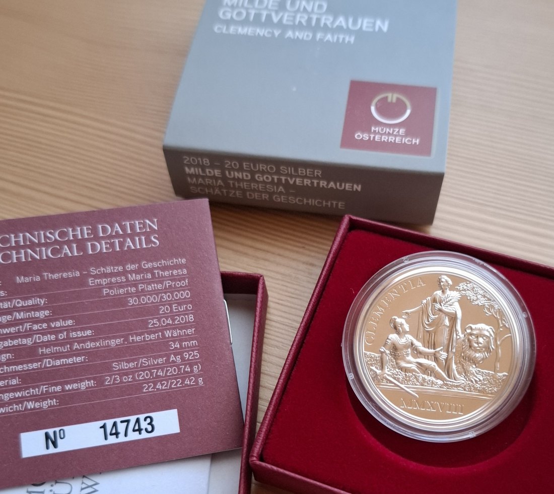 20 SILBER EURO 2018 MILDE Maria Theresia Original-Set der Österreich Münze, Zertifikat
