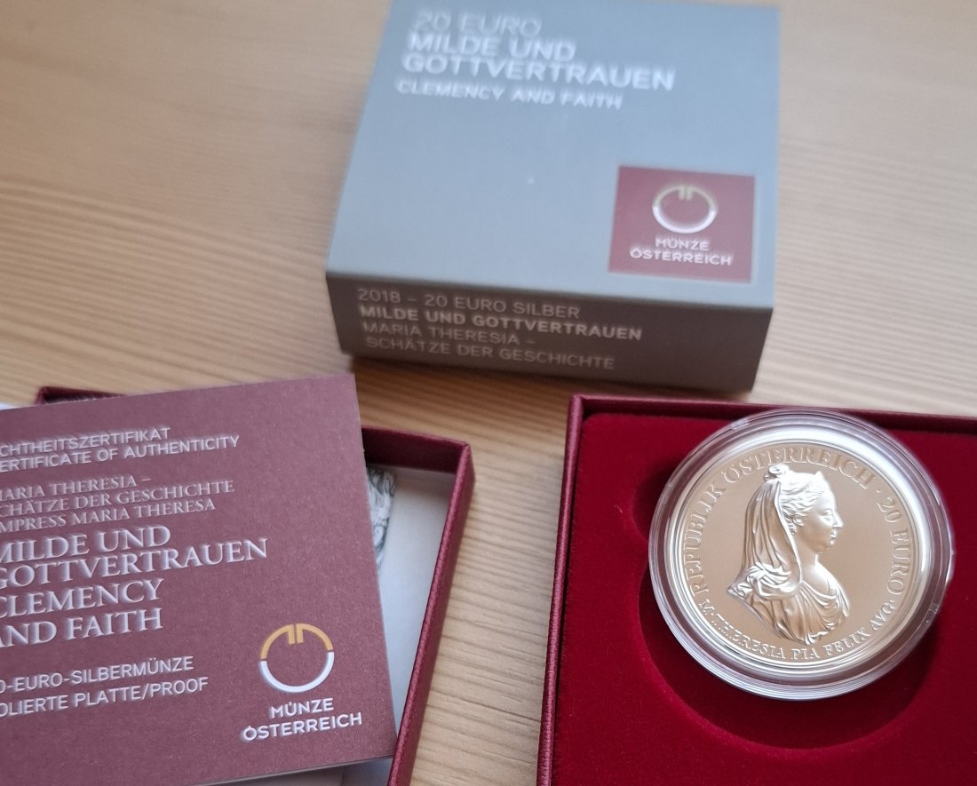  20 SILBER EURO 2018 MILDE Maria Theresia Original-Set der Österreich Münze, Zertifikat   