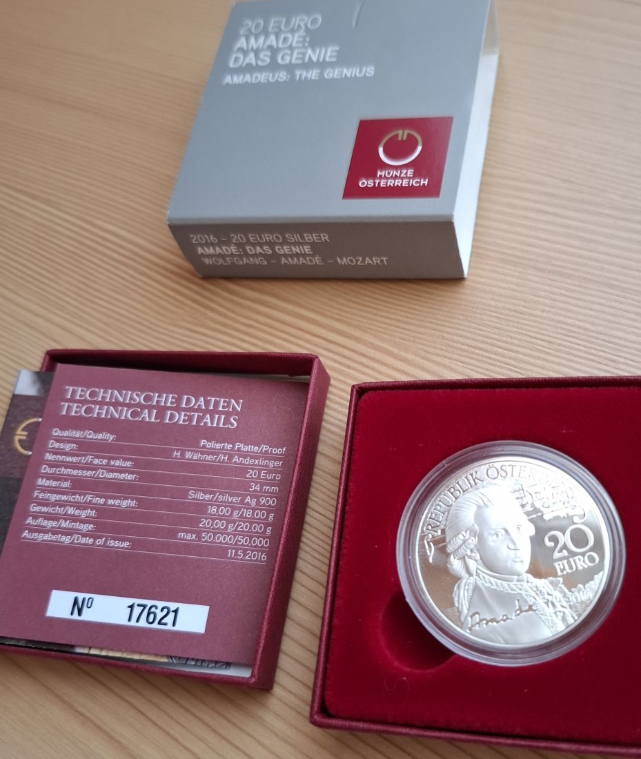  20 SILBER EURO 2016, MOZART Genie, in Original-Set der Österreich Münze, Zertifikat   