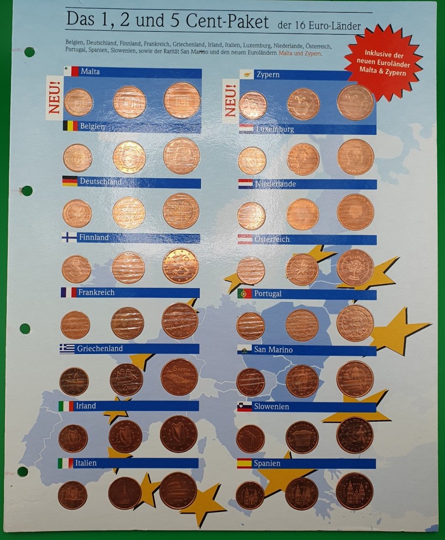  16 Euro-Länder 1, 2 und 5 Cent Paket im schönen Sammel Folder   