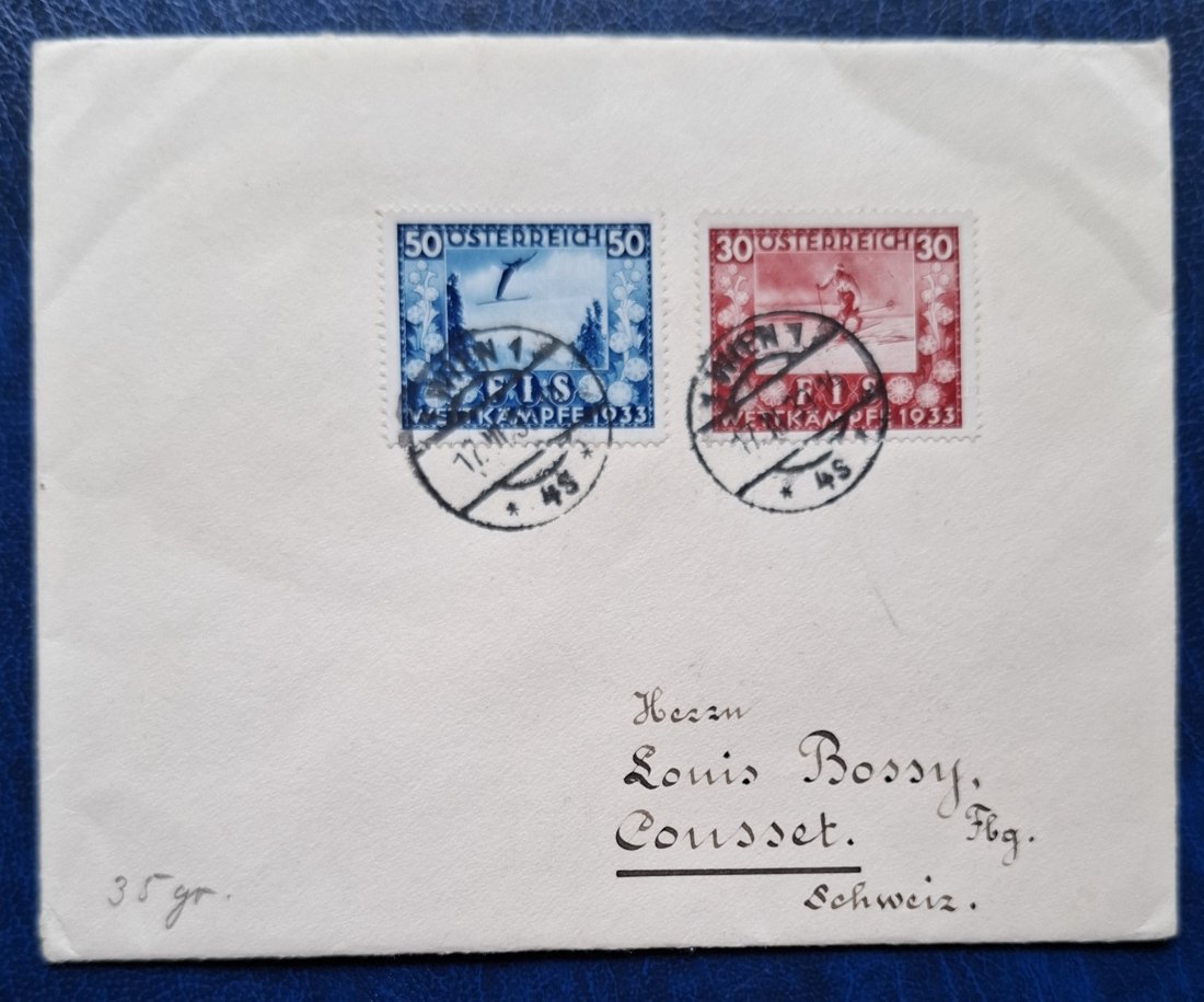  ÖSTERREICH, Ganzsache 1933, Mi 553 und 554, Brief an Louis Bossy, Schweiz   