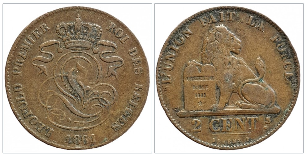 Belgien 2 Centimes, 1861 Leopold I.   