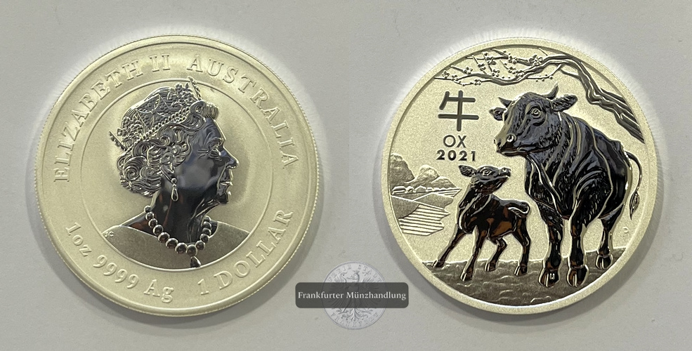  Australien 1 Dollar 2021 Jahr des Ochsen/Ox FM-Frankfurt KM#4145 Feinsilber: 31,1g   