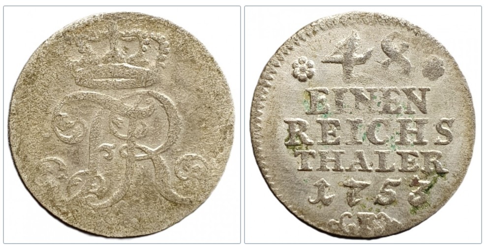  Preußen 1/48 Taler, 1753 Datum auf Rückseite Silber (Scheidemünze)   