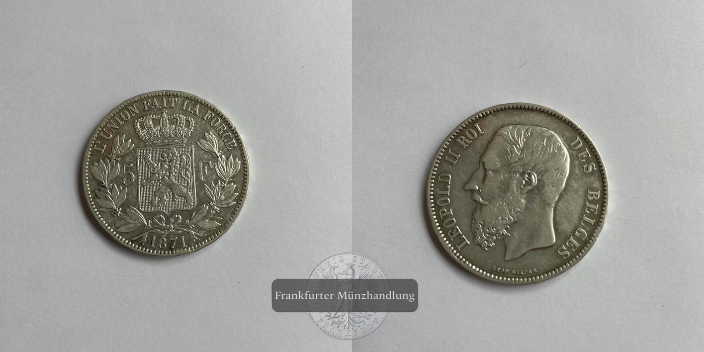  Belgien, Leopold II.  5 Francs 1871 FM-Frankfurt KM#24 Feinsilber: 22,5g   