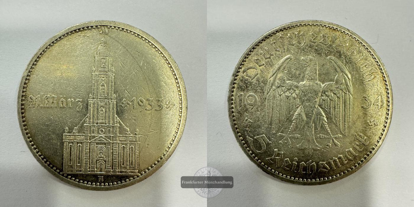  Dt. Drittes Reich 5 Reichsmark 1934 1. Jahrestag Garnison FM-Frankfurt KM#82 Feinsilber: 12,5g   