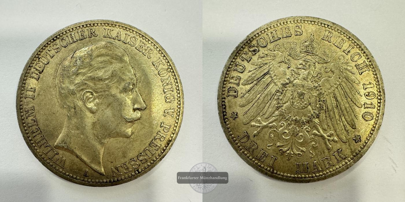  Dt. Kaiserreich, Preussen 3 Mark 1910 'A' Wilhelm II FM-Frankfurt KM#527 Feinsilber: 15g   