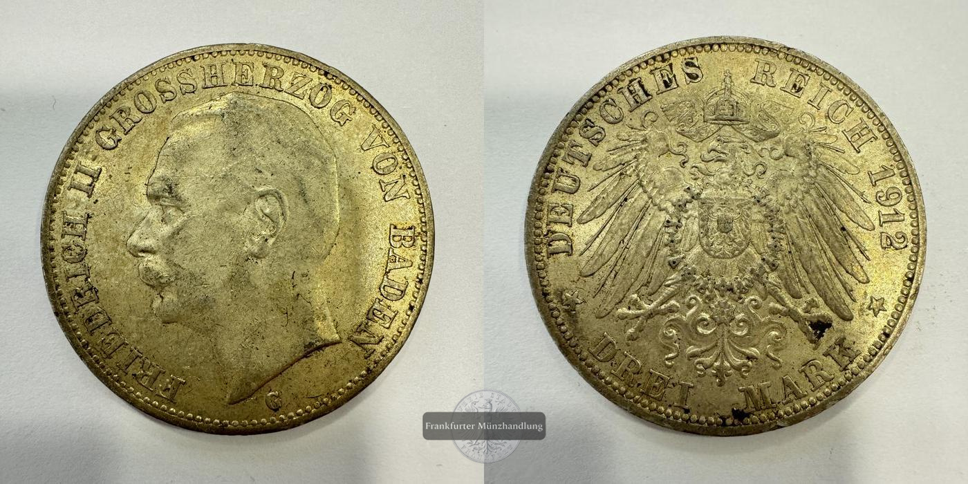  Kaiserreich, Baden  3 Mark  1912 (1908-15) G  Friedrich II. FM-Frankfurt KM#280 Feinsilber: 15g   