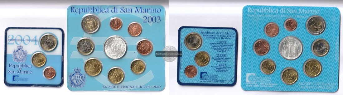  San Marino 2x Euro-Kursmünzensatz 2003-2004 inkl. 5 Euro Münze FM-Frankfurt Feinsilber: 16,6g   