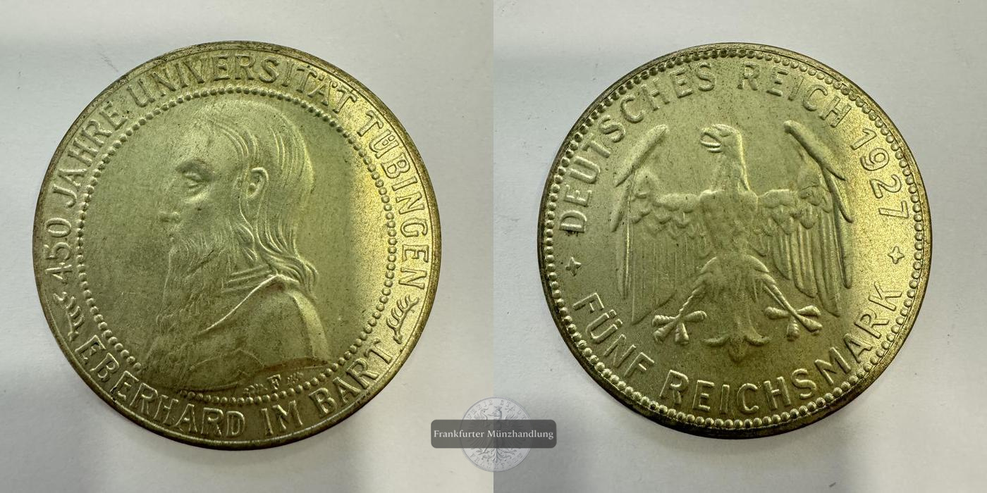  Deutschland 5 Reichsmark (Tubingen University) 1927 'F' FM-Frankfurt KM#55 Feinsilber: 12,5g   