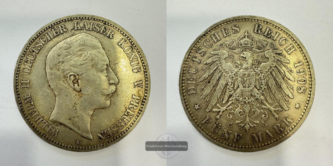  Dt. Kaiserreich Preußen 5 Mark 1908 (1891-1908) 'A' Wilhelm II FM-Frankfurt KM#523 Feinsilber: 25g   
