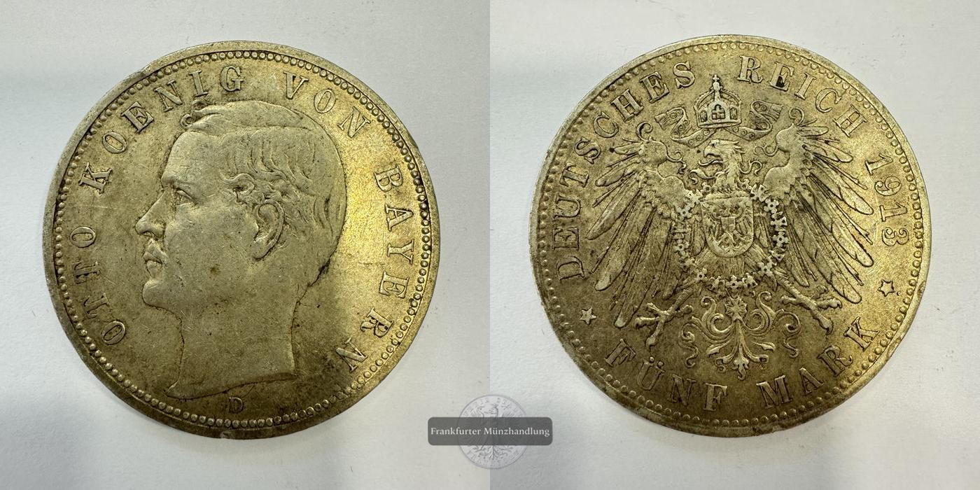  Dt. Kaiserreich Bayern, 5 Mark 1913 (1891-1913) 'D' Otto FM-Frankfurt KM#915 Feinsilber: 25g   