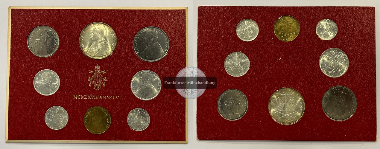  Vatikan 1967 Kursmünzensatz 1 - 500 Lire MCMLXVII Anno V Paul VI. FM-Frankfurt Feinsilber: 9,18g   
