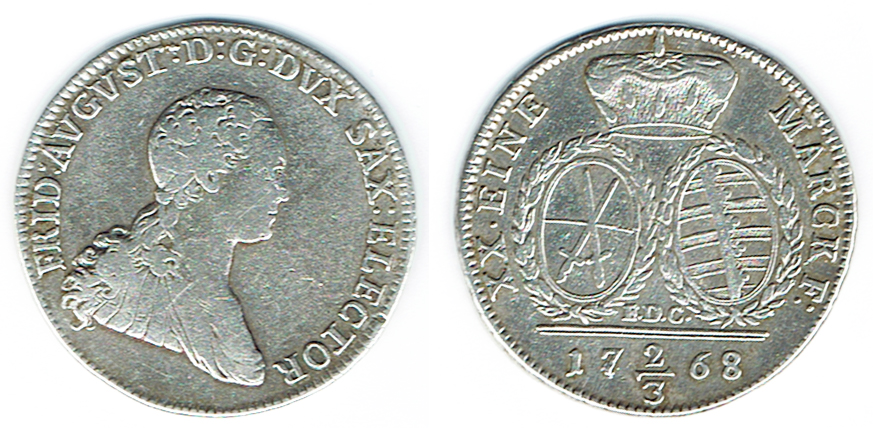  SZAIVERT ALTDEUTSCHLAND SACHSEN KURFÜRSTENTUM 2/3 TALER 1768 FRIEDRICH AUGUST III   