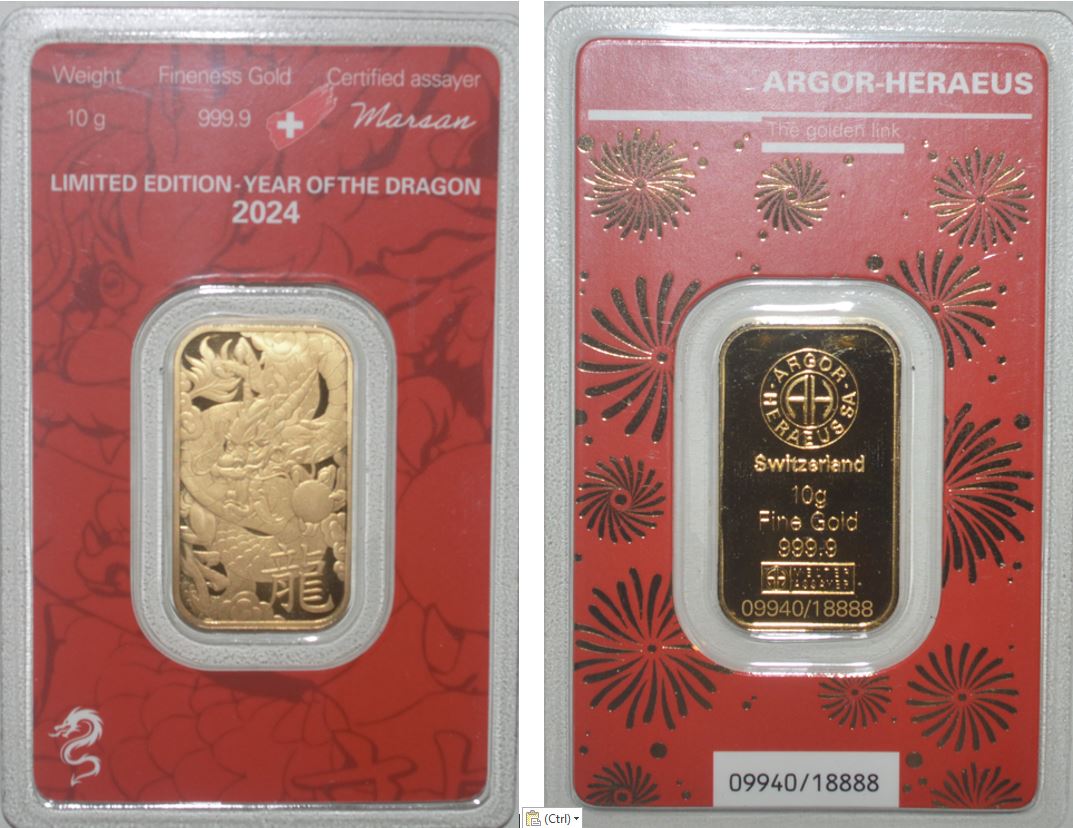  -kirofa - Schweiz - Baren Gold 10 g.Gold 9999 - YEAR OF THE DRAGON 2024. ARGOR-HERAEUS. LTD EDITION.   