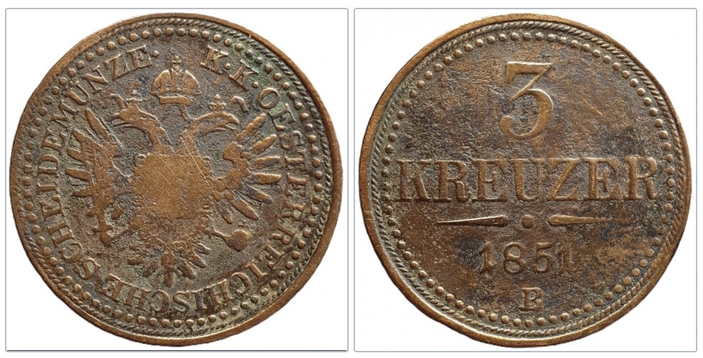  Österreich  3 Kreuzer, 1851 Münzzeichen B - Kremnitz große Kupfer Münze 16,26 g   