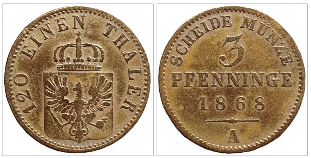  Preußen 3 Pfennig, 1868 Münzzeichen: A - Berlin Erhaltung   