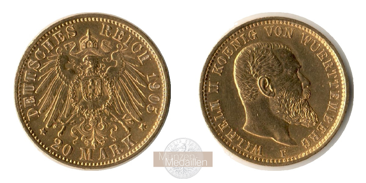Würtemberg. Wilhelm II. 1891-1918. MM-Frankfurt Feingewicht: 7,17g Gold 20 Mark 1905 F 