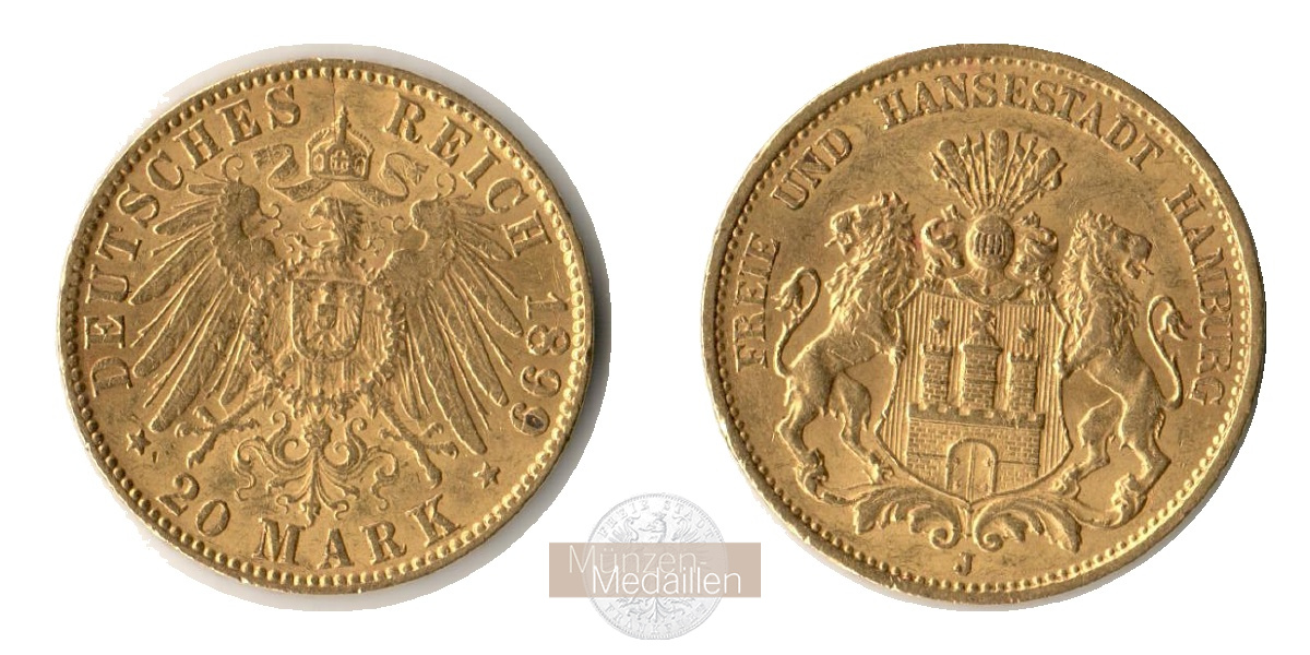 Deutsches Kaiserreich. Hamburg MM-Frankfurt KM#618 Feingold: 7,17g 20 Mark (1893-1913) 1899 J 