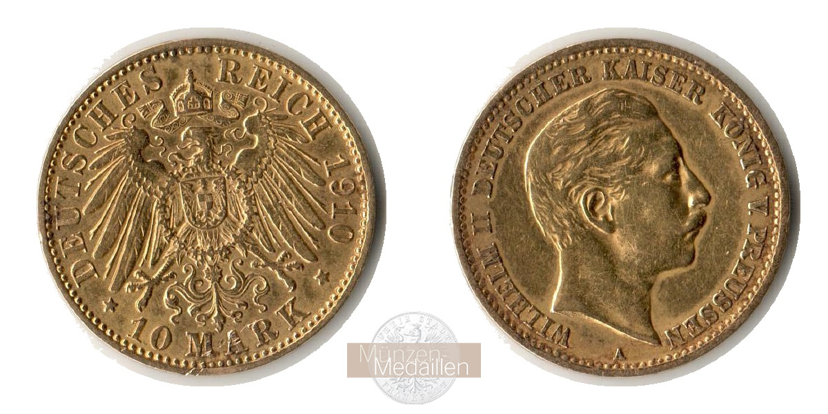 Deutsches Kaiserreich, Preussen. MM-Frankfurt Feingewicht: 3,58g Gold Wilhelm II. 1888-1918. 10 Mark 1910 A 