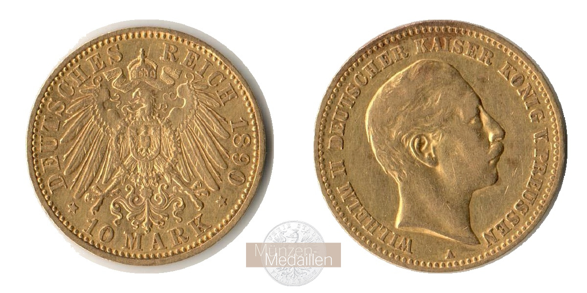 Deutsches Kaiserreich, Preussen MM-Frankfurt KM#520 Feingold: 3,58g Wilhelm II 10 Mark 1890 A 