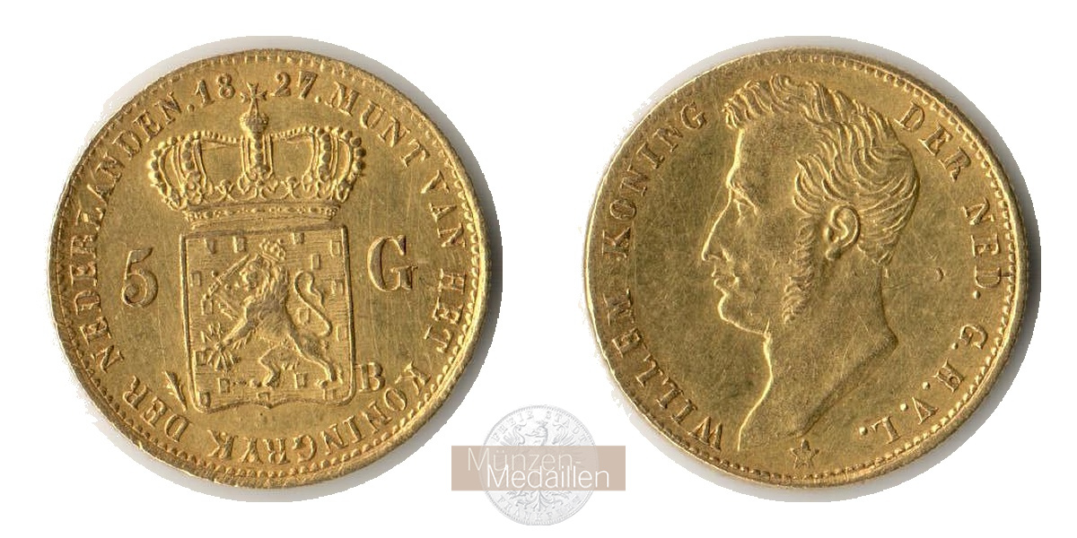 Niederlande, Wilhelm I. MM-Frankfurt  Feingold: 3,03g 5 Gulden 1827 