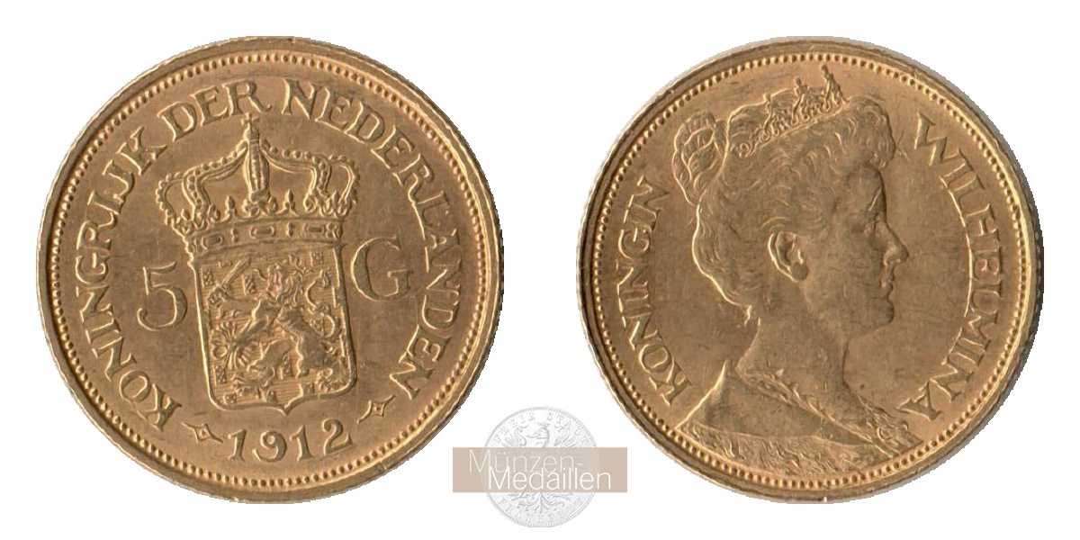 Niederlande, Wilhelmina MM-Frankfurt KM#151 Feingold: 3,02g 5 Gulden 1912 