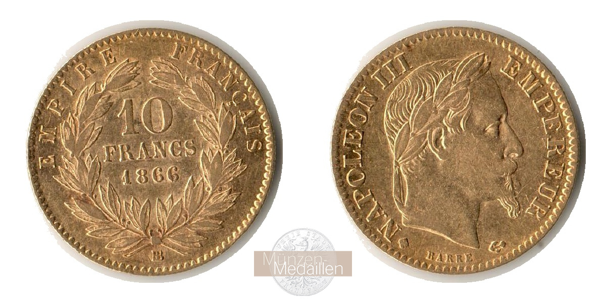 Frankreich MM-Frankfurt Feingold: 2,90g 10 Francs 1866 