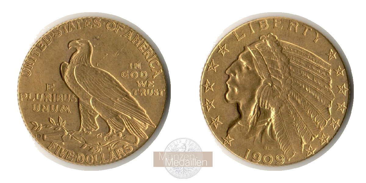 USA  5 Dollar MM-Frankfurt   Feingold: 7,52g Half Eagle - Indian Head 1909 D 