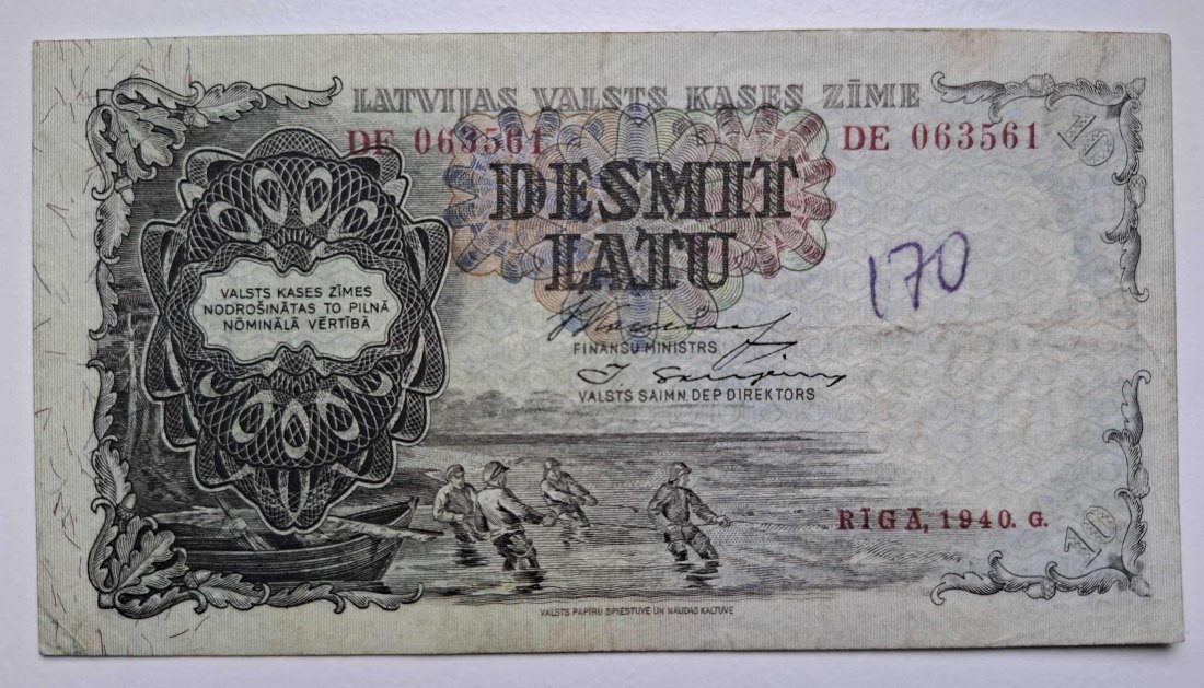  Lettland 10 Latu 1940 Banknote mit Gebrauchsspuren P.29   