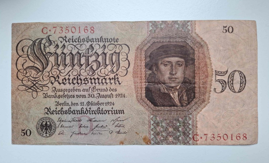  Dt. Reich 50 Mark 1924 Hans Holbein mit Gebrauchsspuren P. 177   