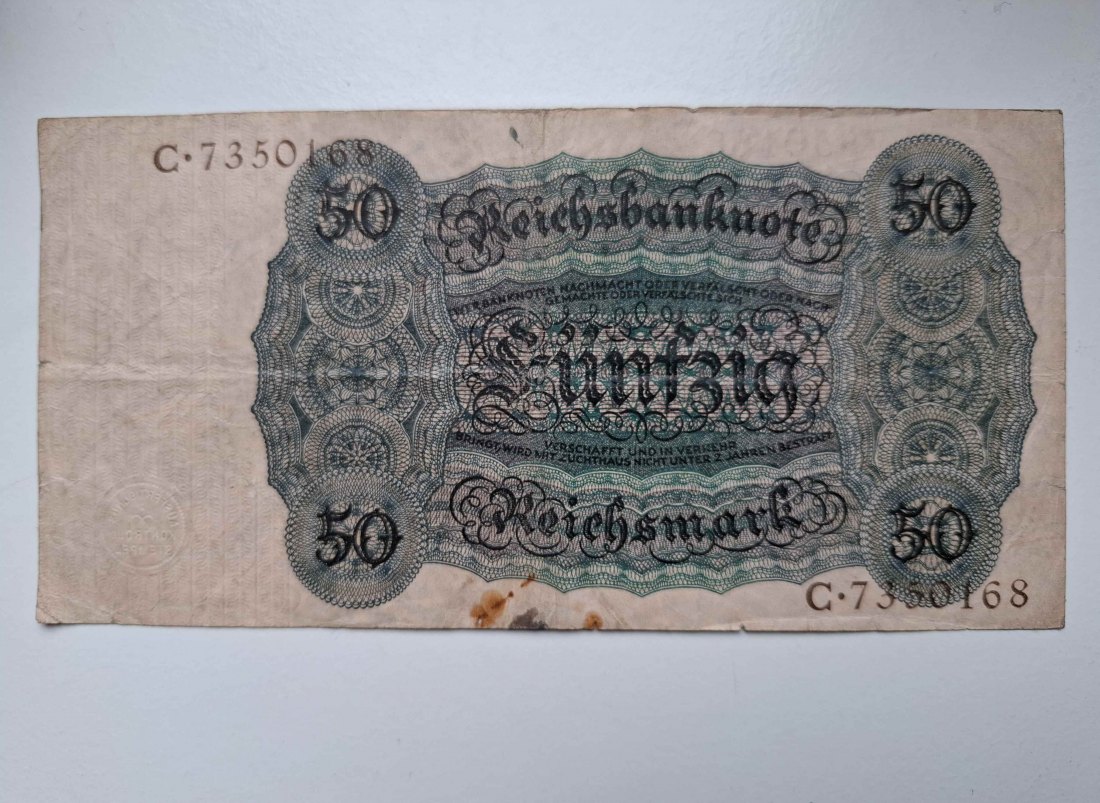  Dt. Reich 50 Mark 1924 Hans Holbein mit Gebrauchsspuren P. 177   