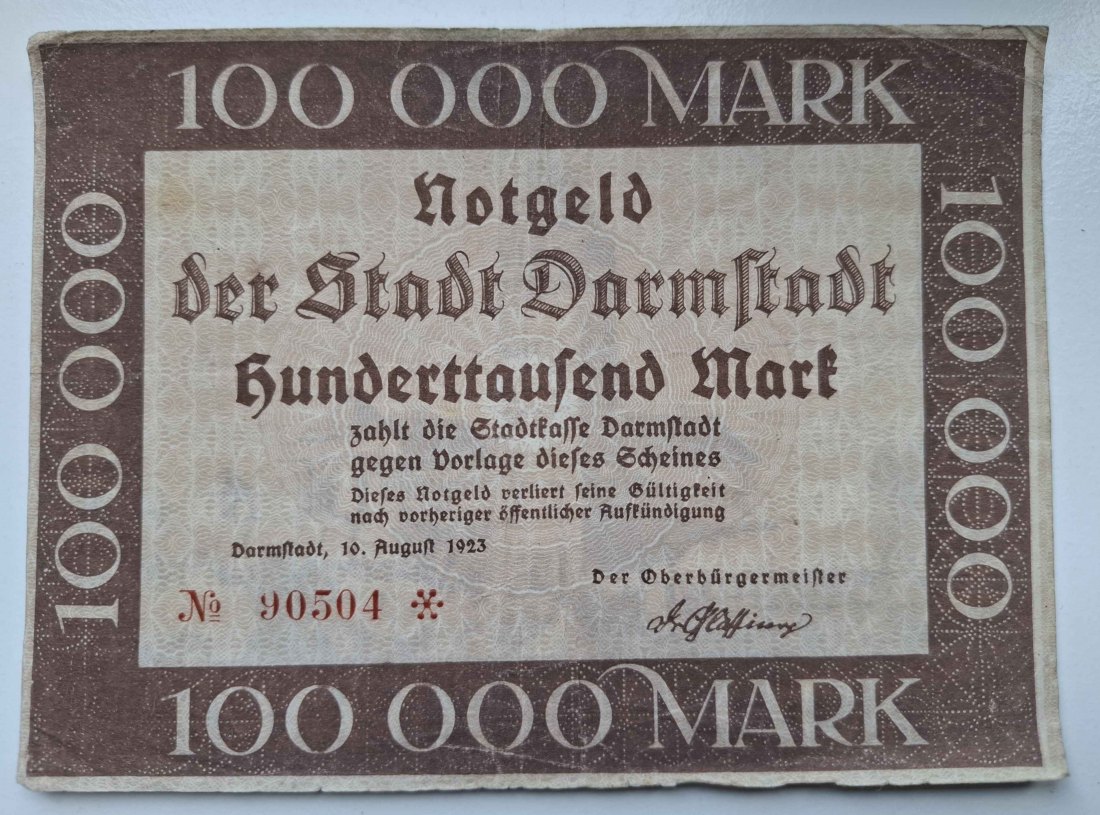 Dt. Reich Weimarer Republik 100.000 Mark 1923 Darmstadt Hochzeitsturm selten
