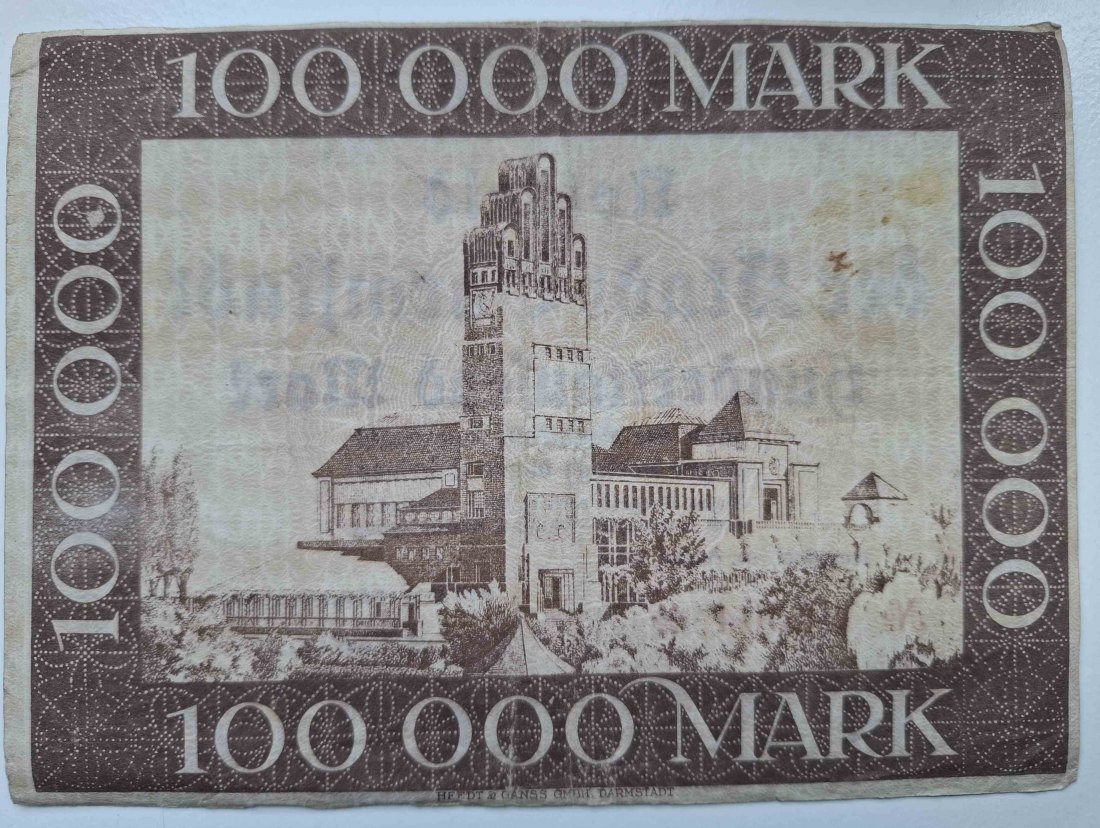  Dt. Reich Weimarer Republik 100.000 Mark 1923 Darmstadt Hochzeitsturm selten   