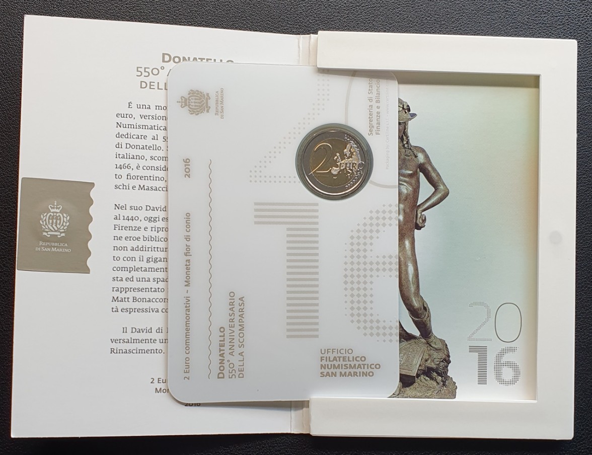  San Marino 2 Euro Gedenkmünze 2016, 550. Todestag von Donatello, Klappfolder   