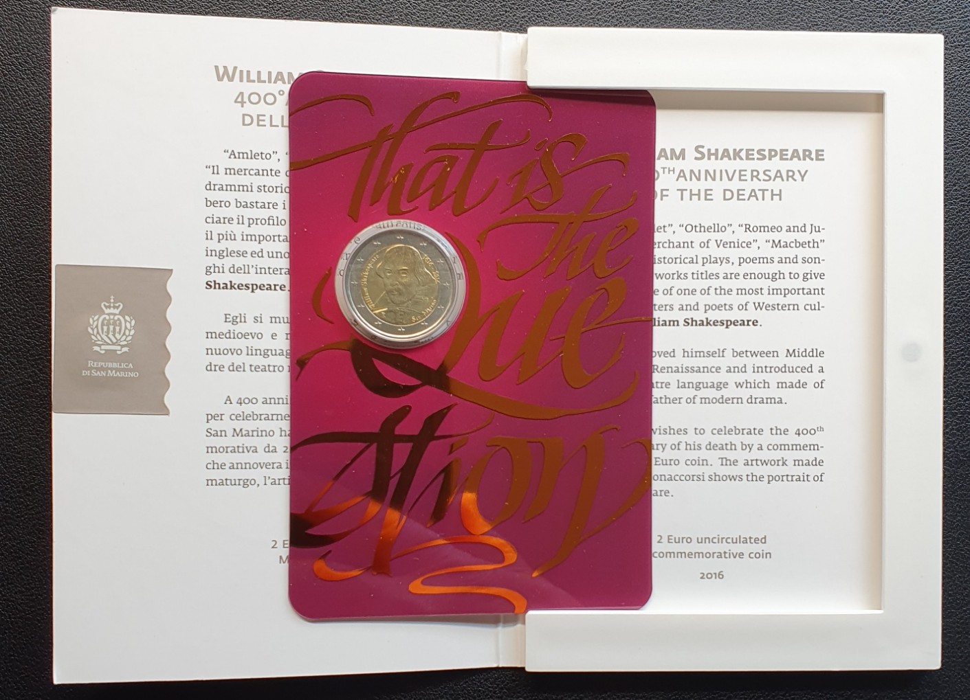 San Marino, 2 Euro, William Shakespeare, 2016, original im Blister