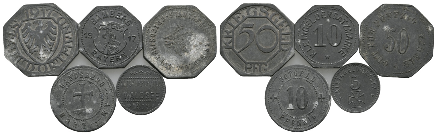  Notgeld / Kriegsgeld; verschiedene Städte; 5 Kleinmünzen   