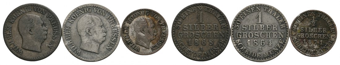  Altdeutschland, Preußen; 3 Kleinmünzen 1868 / 1864 / 1871   