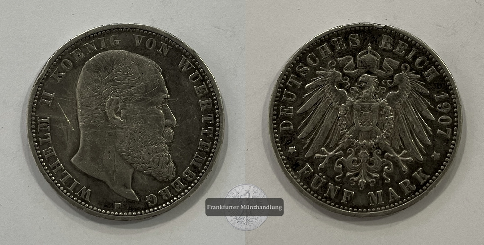  DR. Württemberg 5 Mark William II 1907 (1892-1913) 'F' FM-Frankfurt KM#632 Feinsilber: 25g   