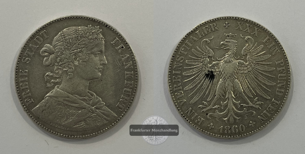  Freie Reichsstadt Frankfurt am Main - 1 Vereinsthaler 1860 FM-Frankfurt Feinsilber: 16,67g   