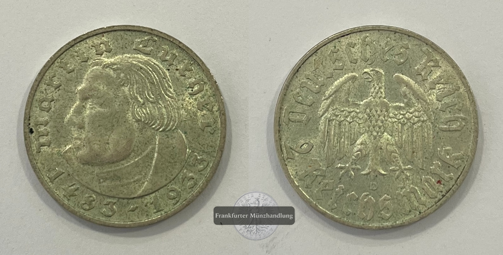  Deutschland Drittes Reich 2 Reichsmark 1933 D (München) Martin Luther  FM-Frankfurt  Feinsilber: 5g   