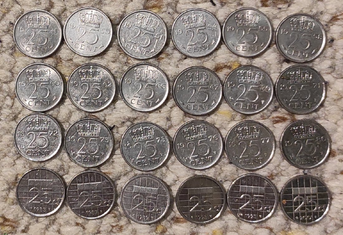  Set 068: Niederland Münzlot mit 24 x 25 Cent Stücken verschiedener Prägejahre   