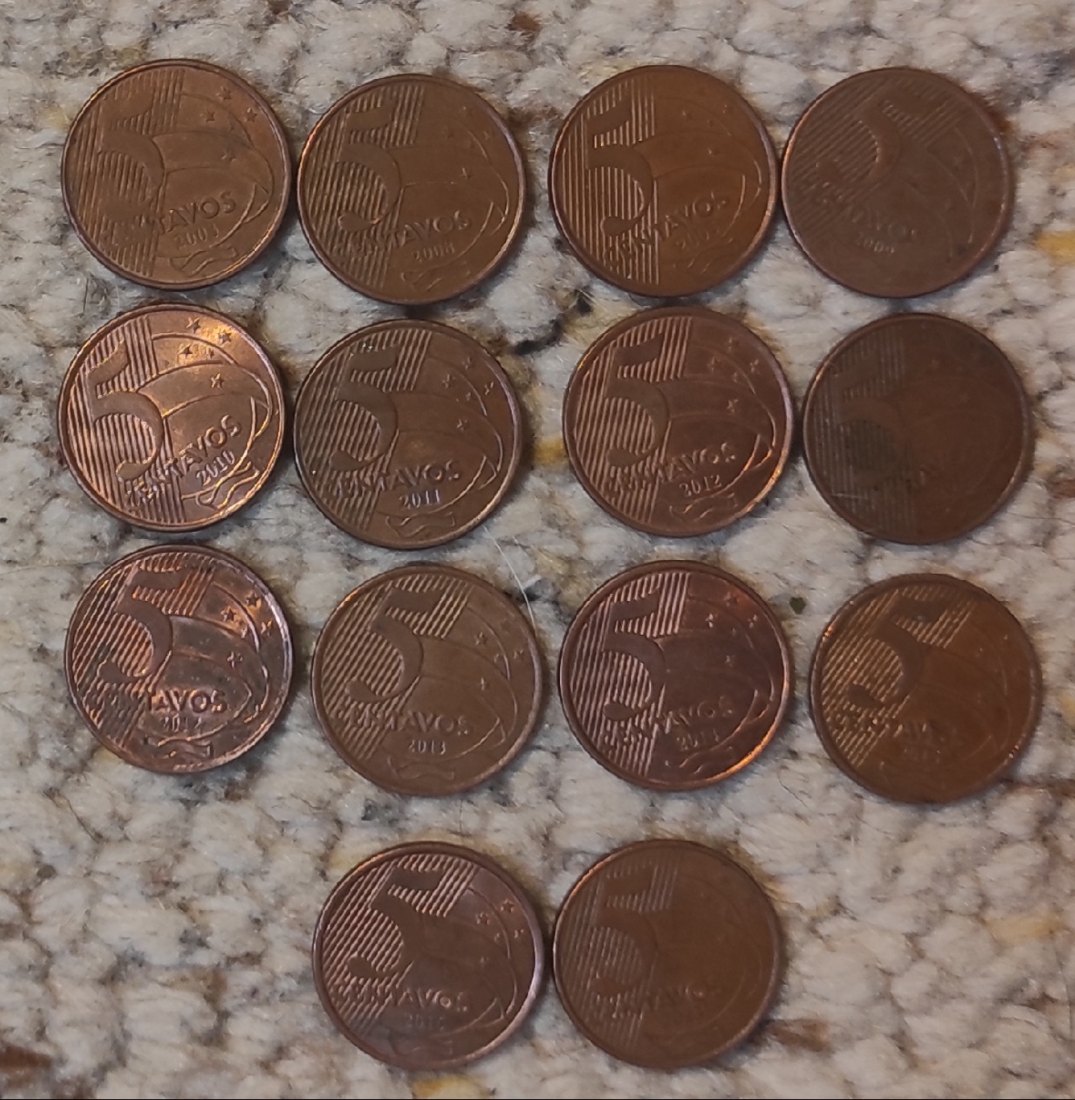  Set 048: Brasilien Münzlot mit 14 x 5 Centavos verschiedener Jahrgänge   
