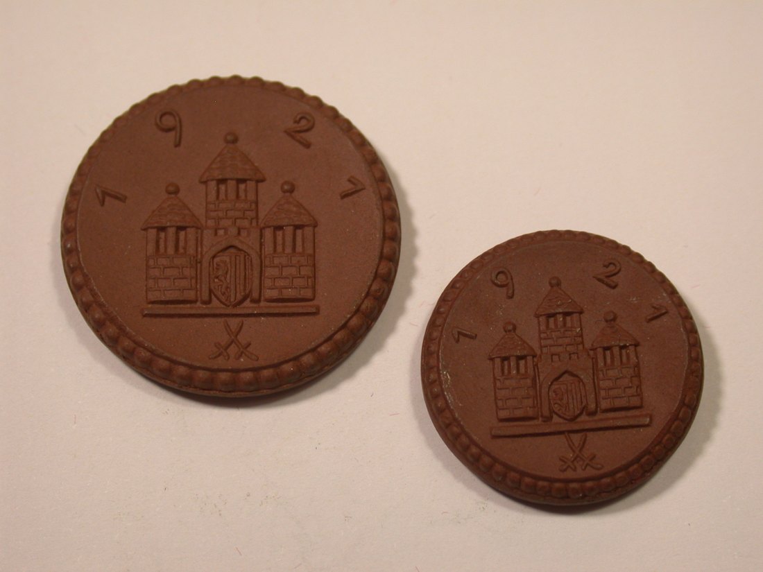  K02 Notgeld 1921 Freiberger Münze 2 Stück braunes Steingut Top   Originalbilder   