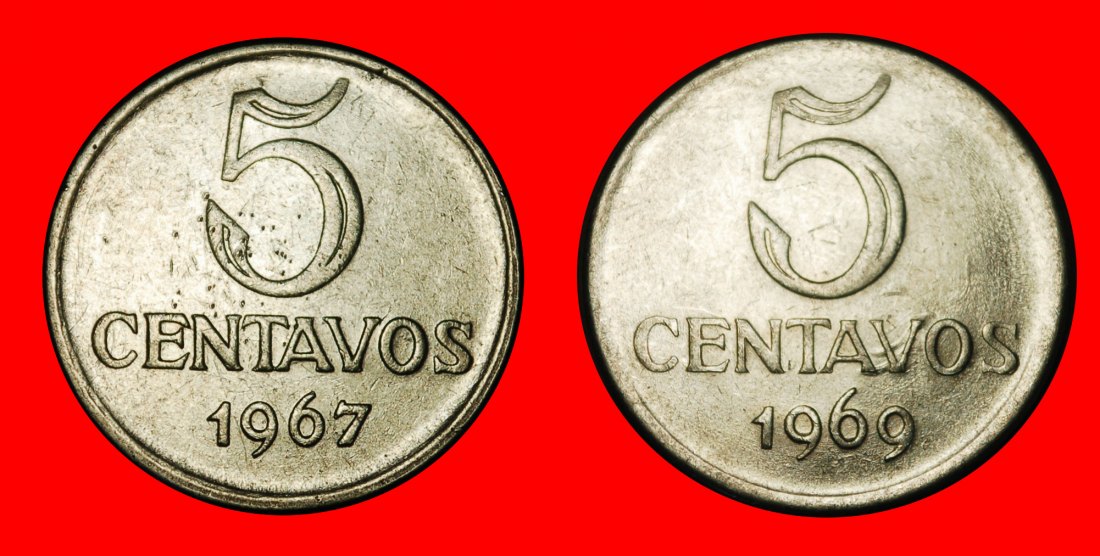 Ⰺ EFFIGY (1967-1975): BRAZIL ★ 5 CENTAVOS 1967, 1969! DIE I BOTH EMISISONS! ★LOW START ★ NO RESERVE!